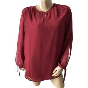 Limited Collection Women's Medium Burgundy Keyhole Textured Blouse Slit Sleeve